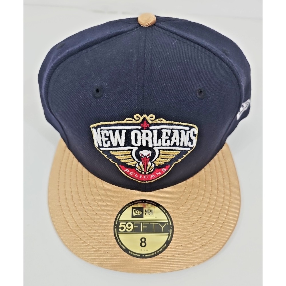 New Orleans Pelicans New Era 59FIFTY NBA Team Hat Fitted SZ 8 Navy W/Gold
